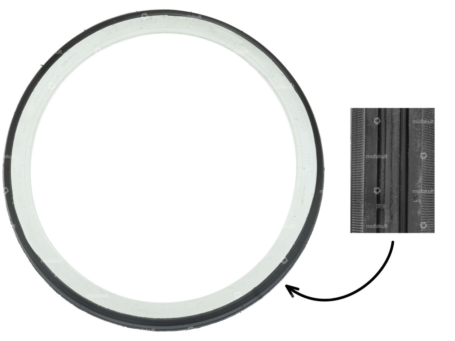 Fortune 1.75 x 19" tire F-750 2.P.R. friction roller whitewall | Solex Carousel Image 1