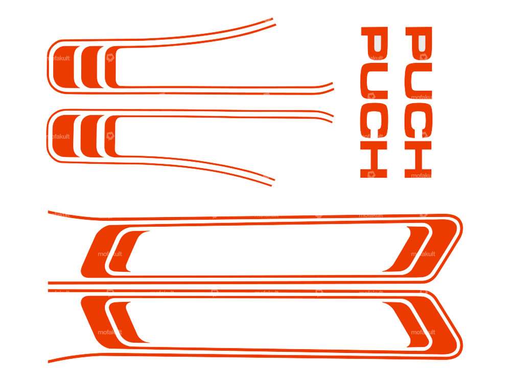 Set di adesivi serbatoio e telaio arancione (qualità 1A) Trama della pellicola | Puch Maxi S Carousel Image 1