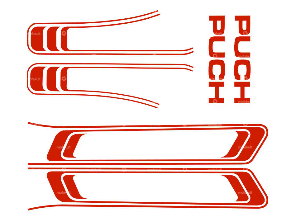 Set di adesivi serbatoio e telaio rosso (qualità 1A) Trama della pellicola | Puch Maxi S Carousel Image 1