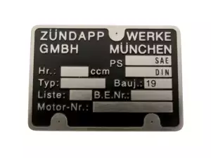Motorenschild Zündapp 1A-Qualität (geätzt) Motorenschild Zündapp 1A-Qualität (geätzt)